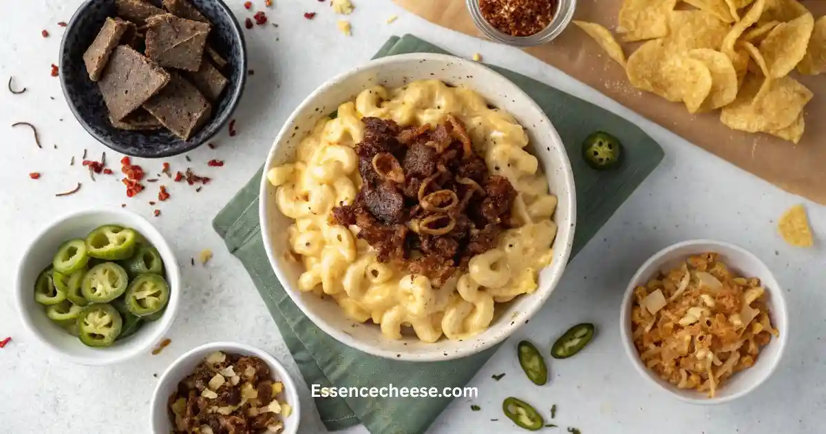 Bowl of creamy mac n cheese with veal and toppings surrounded by side ingredients for a DIY mac n cheese bar