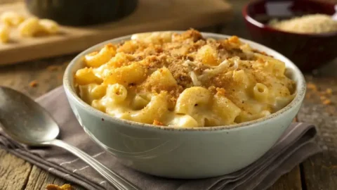 Homemade deluxe mac and cheese baked golden brown with creamy cheddar and Ritz cracker topping