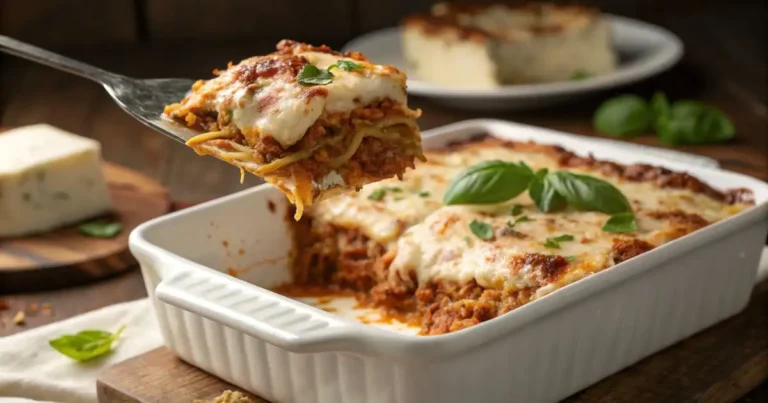 A spatula lifting a cheesy slice of baked spaghetti recipe with cream cheese from a white ceramic baking dish, showing layers of meat sauce and golden melted mozzarella, garnished with fresh basil