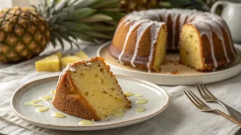 Slice of moist pineapple cream cheese pound cake on a speckled ceramic plate with cream cheese glaze drizzle, whole glazed Bundt cake and fresh pineapples in the background