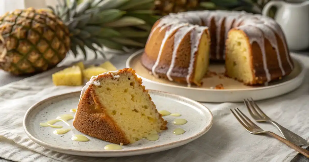 Slice of moist pineapple cream cheese pound cake on a speckled ceramic plate with cream cheese glaze drizzle, whole glazed Bundt cake and fresh pineapples in the background