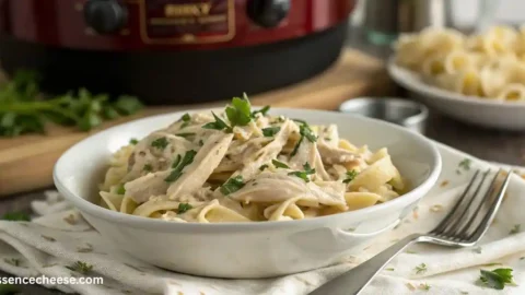 Cream cheese chicken crock pot meal served over noodles in a white bowl, with fresh parsley and a slow cooker in the background.