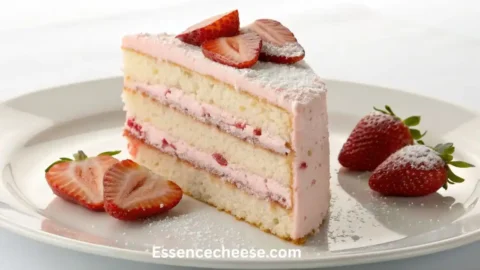 Slice of homemade strawberry cream cheese layer cake with pink frosting and fresh strawberries on a white plate.