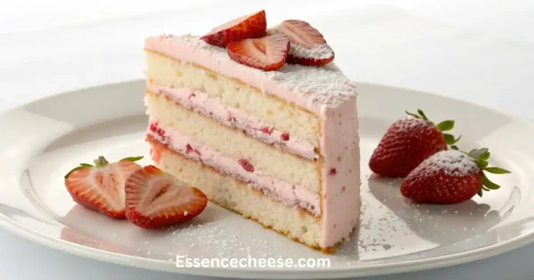 Slice of homemade strawberry cream cheese layer cake with pink frosting and fresh strawberries on a white plate.