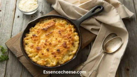 Golden baked Cracker Barrel mac cheese in a cast iron skillet with a crispy topping, served rustic-style on a wooden table.