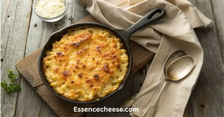 Golden baked Cracker Barrel mac cheese in a cast iron skillet with a crispy topping, served rustic-style on a wooden table.