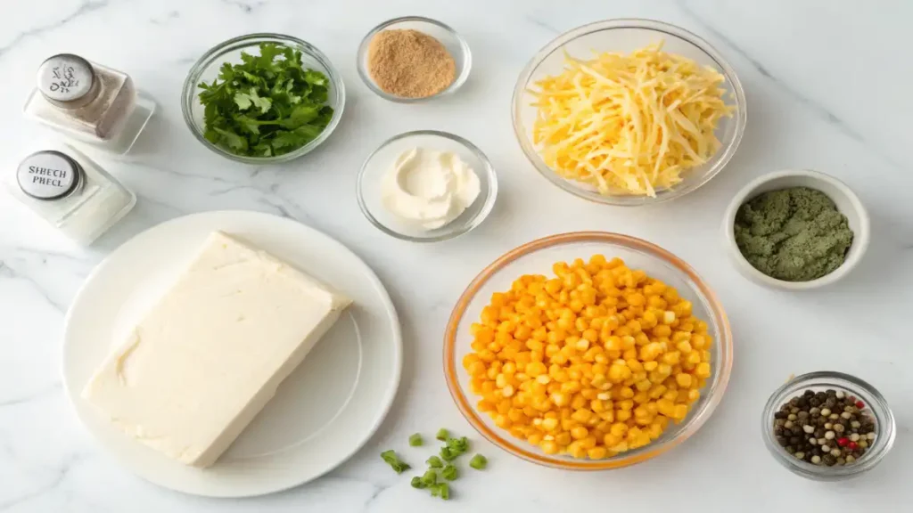 Overhead view of ingredients for cream cheese corn dip including corn, cream cheese, shredded cheese, herbs, spices, and seasonings