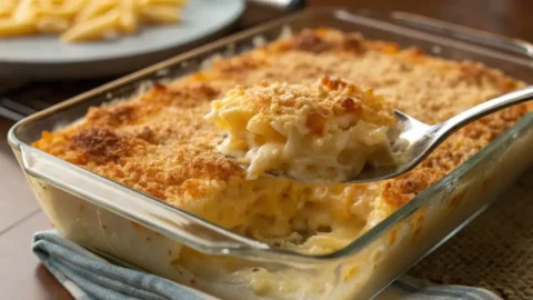 Golden baked macaroni and cheese in a glass casserole dish with crispy breadcrumb topping and creamy cheese sauce being scooped with a spoon