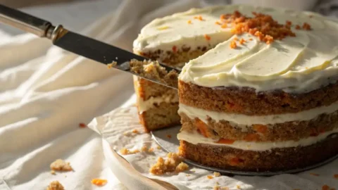 Offset spatula spreading thick cream cheese frosting on a three-layer carrot cake with visible orange carrot crumb layers