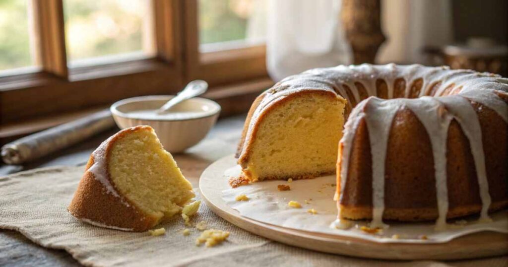 Sliced golden bundt cake with glossy white cream cheese glaze
dripping down the ridged sides on a rustic linen surface