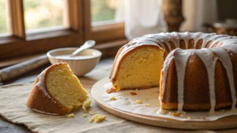 Sliced golden bundt cake with glossy white cream cheese glaze dripping down the ridged sides on a rustic linen surface