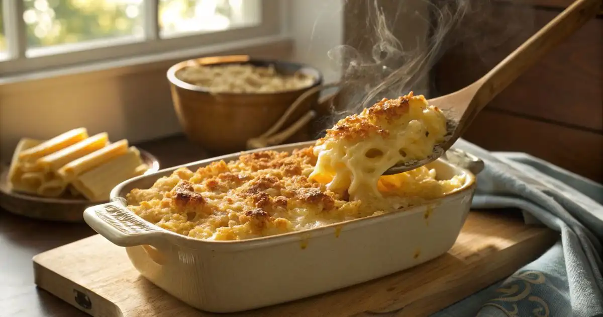Baked macaroni and cheese in a ceramic dish with a spoon lifting a creamy, cheesy portion