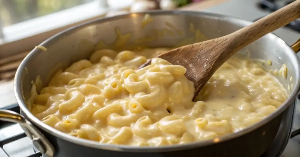 Creamy stovetop macaroni and cheese being stirred in a saucepan