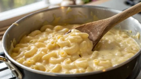 Creamy stovetop macaroni and cheese being stirred in a saucepan