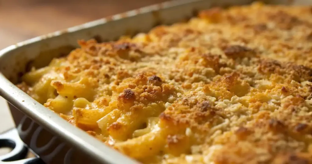 Close-up of baked macaroni and cheese with a golden breadcrumb crust