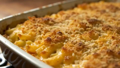 Close-up of baked macaroni and cheese with a golden breadcrumb crust