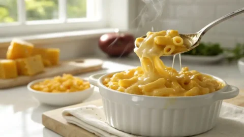Ultra-smooth mac and cheese made with evaporated milk, featuring creamy elbow pasta and melted cheddar in a white baking dish.