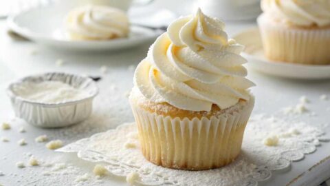 Vanilla cupcake with a tall whipped cream cheese frosting swirl dusted with powdered sugar on a white lace doily