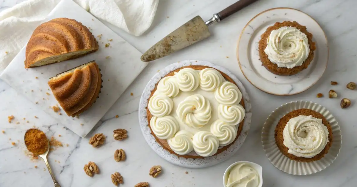 Overhead flat lay of three cream cheese frosted desserts — bundt cake, layer cake with rosettes, and cupcakes on white marble