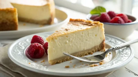 A smooth, dense slice of healthy cottage cheese cheesecake with a golden crust, served on a white plate with fresh raspberries.