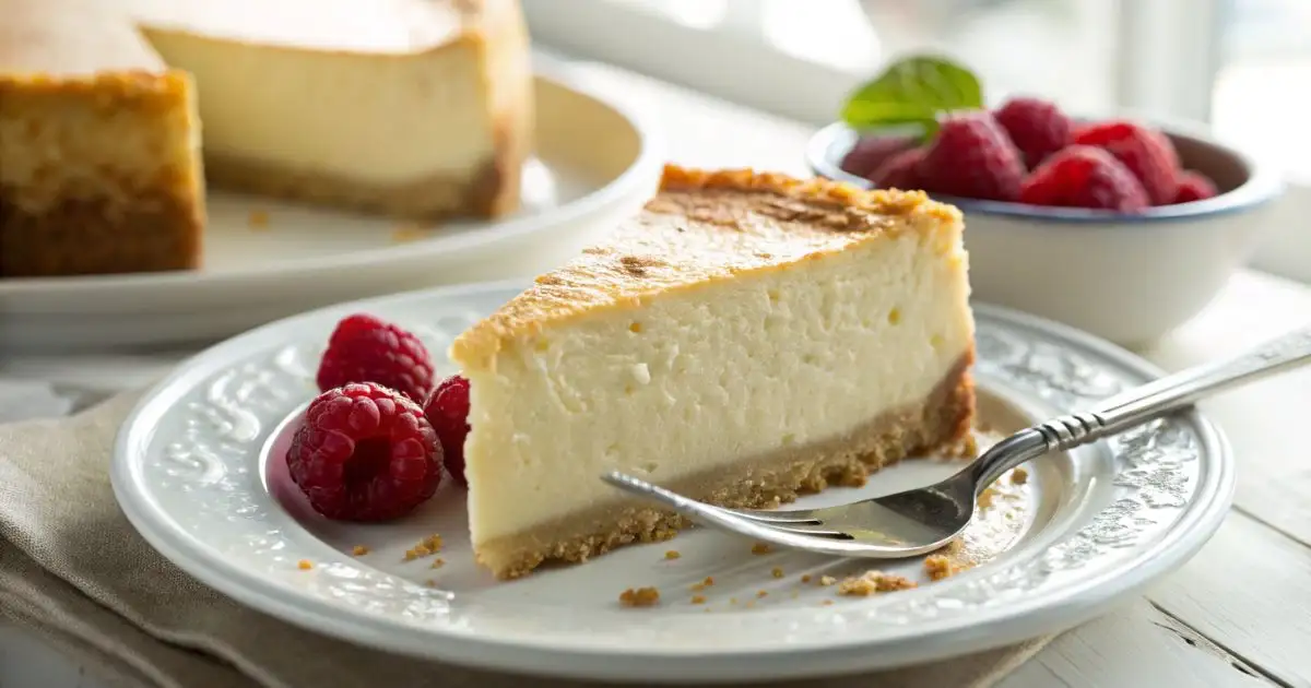 A smooth, dense slice of healthy cottage cheese cheesecake with a golden crust, served on a white plate with fresh raspberries.