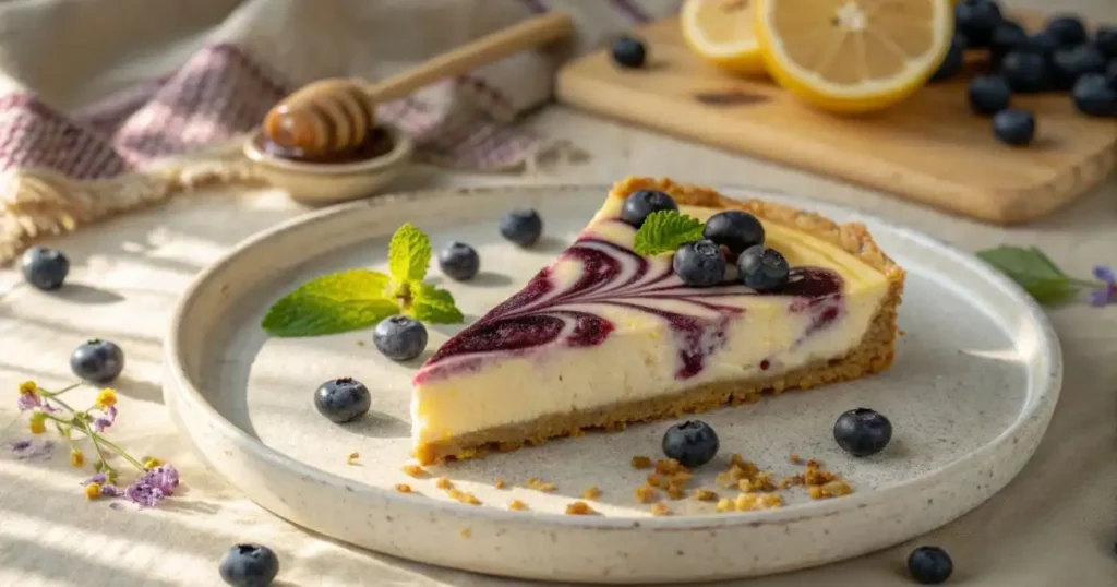 A slice of lemon blueberry swirl cottage cheese cheesecake on a ceramic plate, surrounded by fresh blueberries and lemon halves