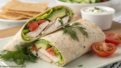 High protein cottage cheese flatbread wrap filled with chicken, avocado, lettuce, and tomato, garnished with fresh dill.