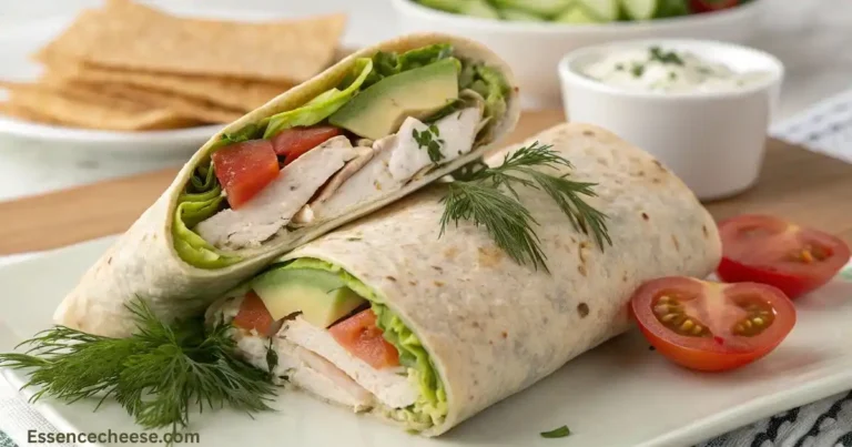 High protein cottage cheese flatbread wrap filled with chicken, avocado, lettuce, and tomato, garnished with fresh dill.