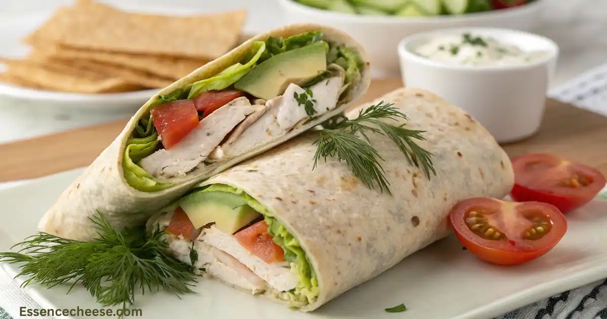 High protein cottage cheese flatbread wrap filled with chicken, avocado, lettuce, and tomato, garnished with fresh dill.