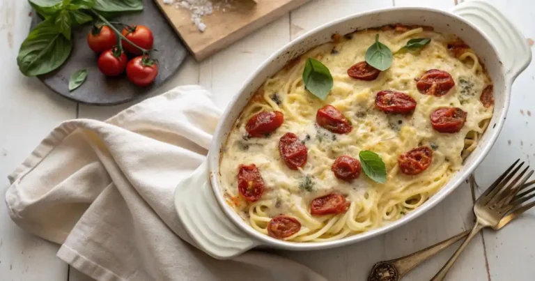 Creamy baked Boursin cheese pasta in a white ceramic baking dish with roasted cherry tomatoes and fresh basil leaves, served on a white wooden table
