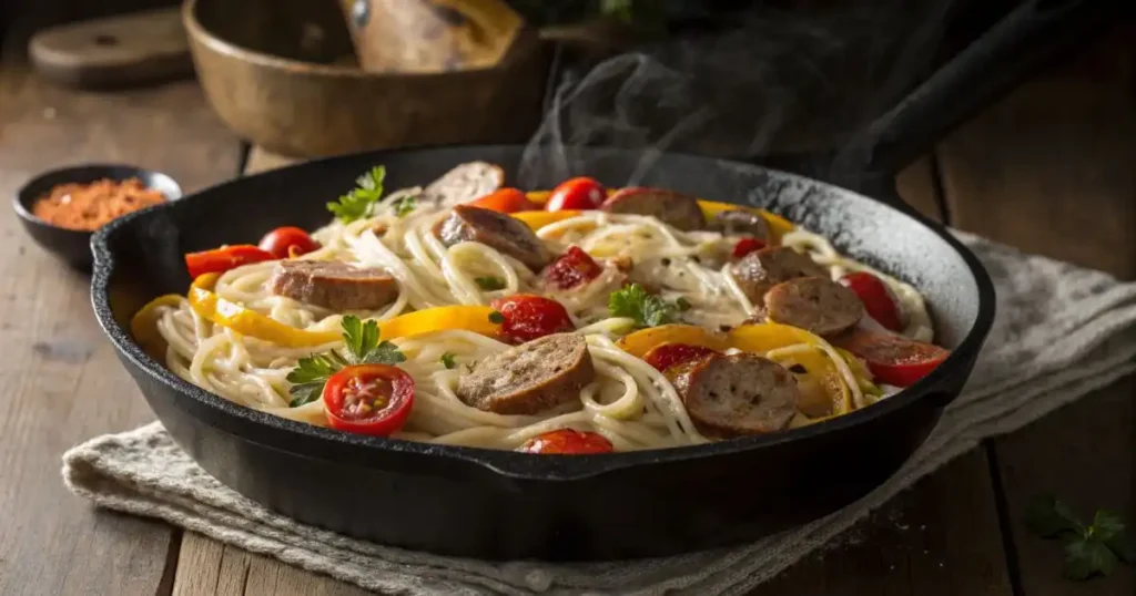 Spicy sausage and bell pepper Boursin cheese pasta in a cast iron skillet with cherry tomatoes, yellow peppers, and fresh parsley, steaming on a rustic wooden table