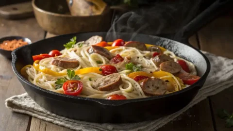 Spicy sausage and bell pepper Boursin cheese pasta in a cast iron skillet with cherry tomatoes, yellow peppers, and fresh parsley, steaming on a rustic wooden table