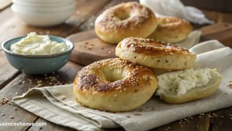 Freshly baked cottage cheese bagels on a wooden table with one sliced open, showing a soft and chewy texture inside, topped with everything seasoning.