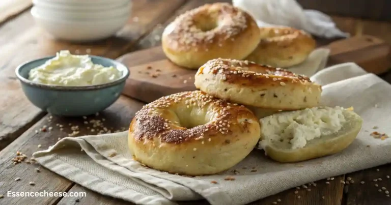 Freshly baked cottage cheese bagels on a wooden table with one sliced open, showing a soft and chewy texture inside, topped with everything seasoning.