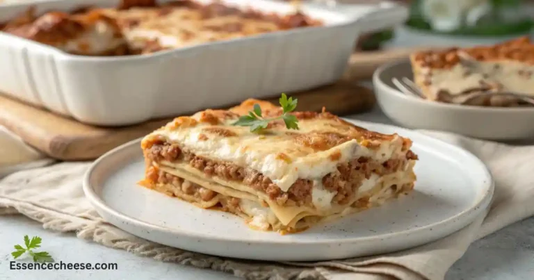 Easy lasagna recipe with cottage cheese featuring a thick, creamy slice of layered lasagna on a white plate with a parsley garnish.