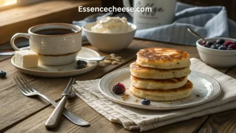 Cozy breakfast table with a stack of cottage cheese protein pancakes served with coffee, fresh berries, and cream.