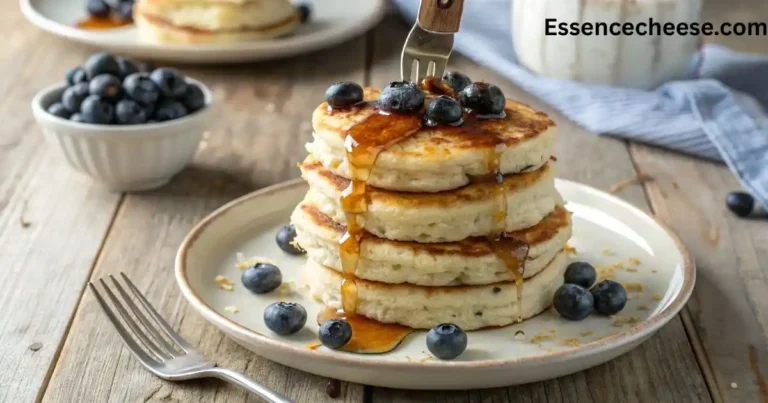 Fluffy cottage cheese protein pancakes stacked with blueberries and maple syrup on a rustic wooden table.