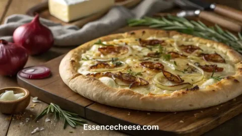 Rustic homemade goat cheese pizza topped with caramelized onions, fresh herbs, and baked to golden perfection on a wooden board.