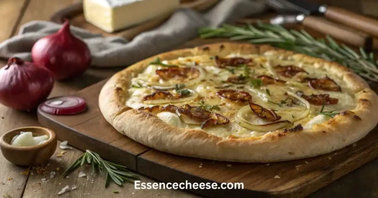 Rustic homemade goat cheese pizza topped with caramelized onions, fresh herbs, and baked to golden perfection on a wooden board.