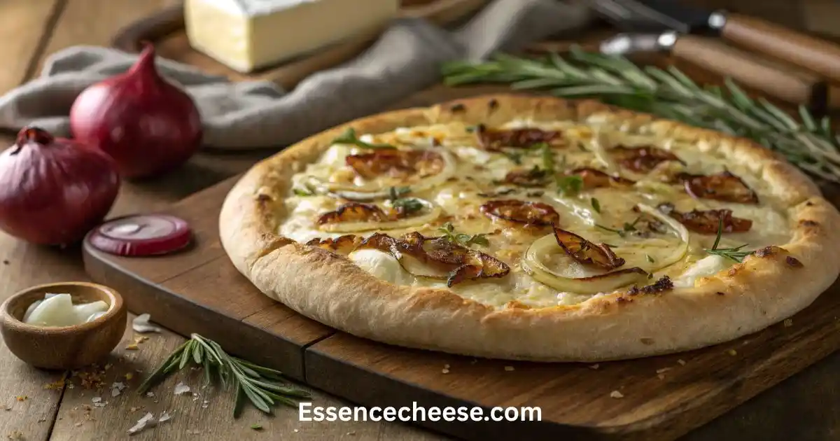 Rustic homemade goat cheese pizza topped with caramelized onions, fresh herbs, and baked to golden perfection on a wooden board.