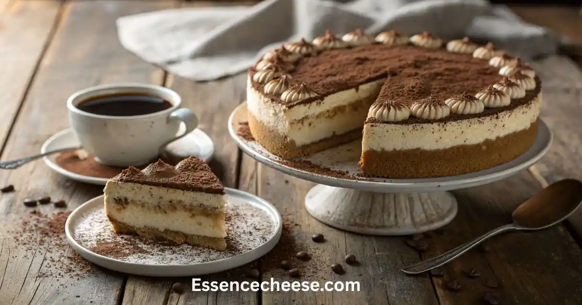 A creamy tiramisu cheesecake topped with cocoa powder and piped cream, served with a cup of coffee on a rustic wooden table.