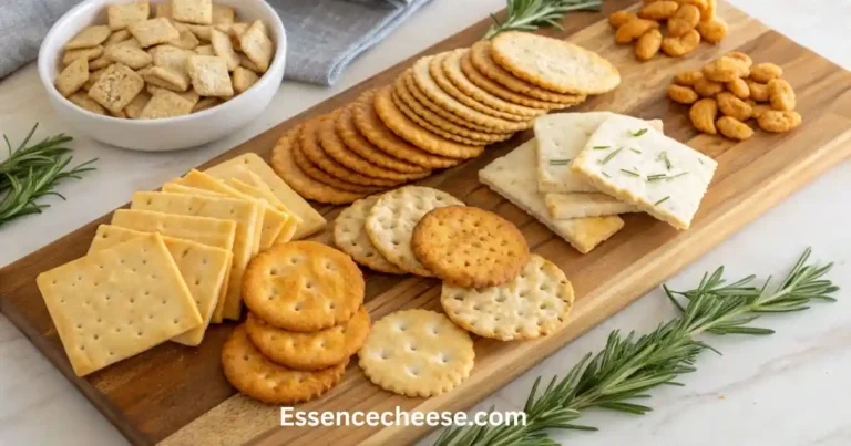 Homemade cheese cracker snacks arranged on a wooden board with rosemary sprigs, assorted shapes, and golden baked texture.