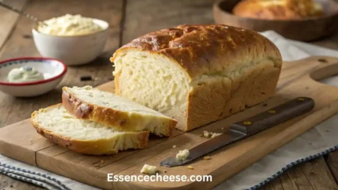 Freshly baked cottage cheese bread loaf sliced on a wooden cutting board.