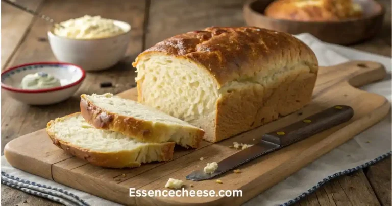 Freshly baked cottage cheese bread loaf sliced on a wooden cutting board.