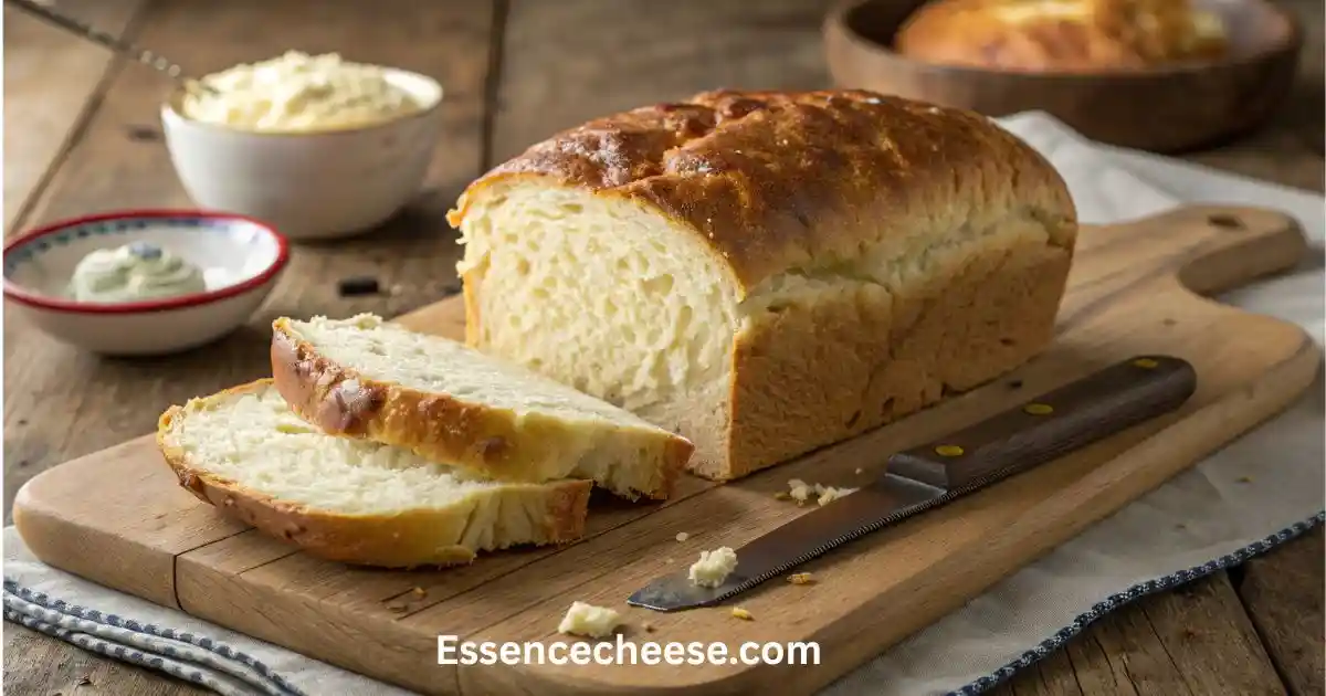 Freshly baked cottage cheese bread loaf sliced on a wooden cutting board.