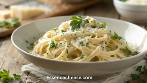 Cream cheese pasta sauce on cooked spaghetti topped with Parmesan and fresh parsley in a white bowl.