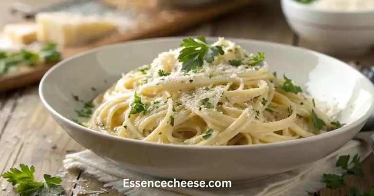 Cream cheese pasta sauce on cooked spaghetti topped with Parmesan and fresh parsley in a white bowl.