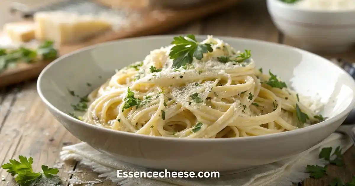 Cream cheese pasta sauce on cooked spaghetti topped with Parmesan and fresh parsley in a white bowl.