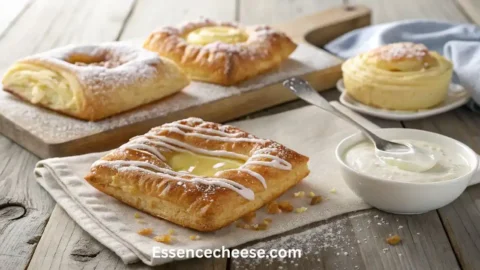 Three types of homemade cream cheese danishes on a rustic wooden table with creamy filling and glaze