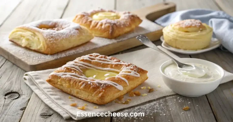 Three types of homemade cream cheese danishes on a rustic wooden table with creamy filling and glaze
